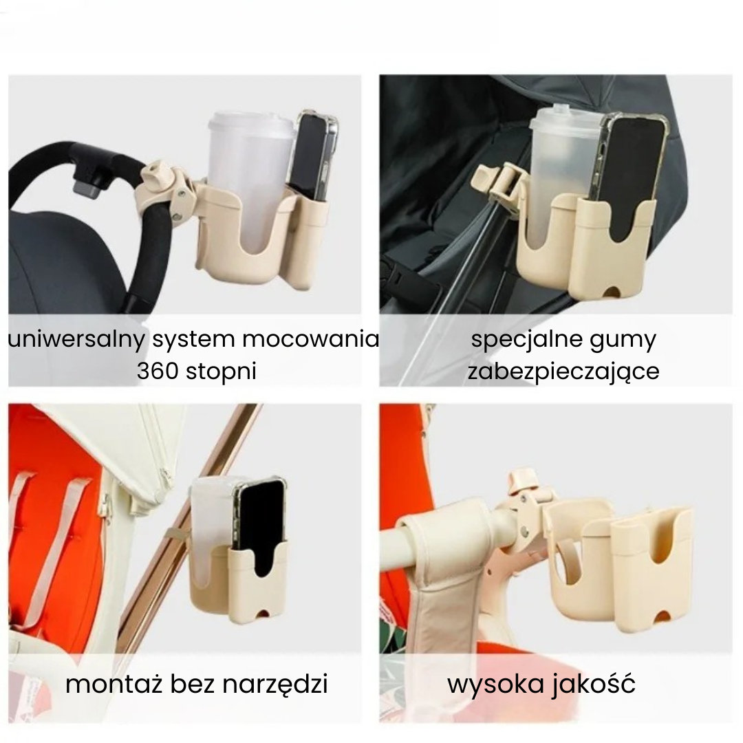 Uchwyt do wózka na kubek, butelkę i telefon 2w1